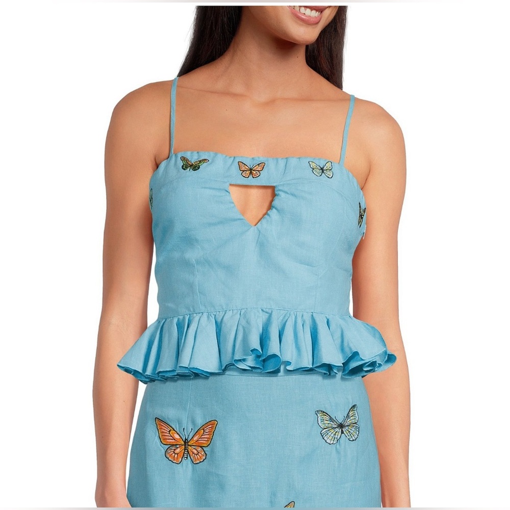 Fanm Mon Light Blue Butterfly Embroidered Ruffle Tank Top